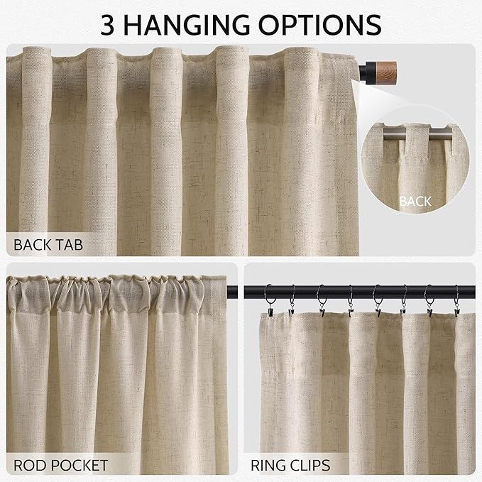 Nanspring Taupe Burlywood Curtains 90 Inches Long for Living Room Linen Blend Semi Sheer Country Farmhouse Decor Curtains Back Tab Privacy Burlap Textured Curtain for Bedroom 52x90, 2 Panels
