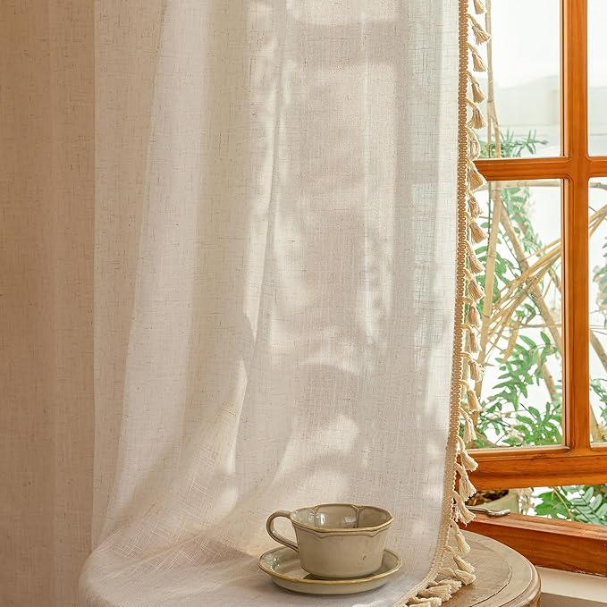 MYSKY HOME Boho Cream Curtains with Macrame 72 Inch Length, Semi Sheer Drapes for Living Room Privacy Protect Rustic Farmhouse Style Back Tab for Doorways, 50" x 72", Natural，2 Panels