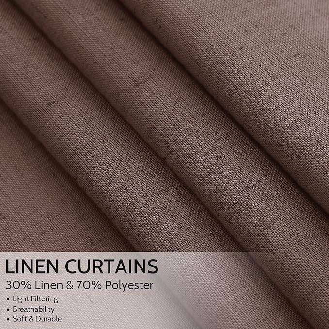 Nanspring Cappuccino Linen Blend Light Filtering Back Tab Curtains 96 Inches Long, Semi Sheer Privacy Drapes for Living Room & Bedroom, 52x96 inch, 2 Panels