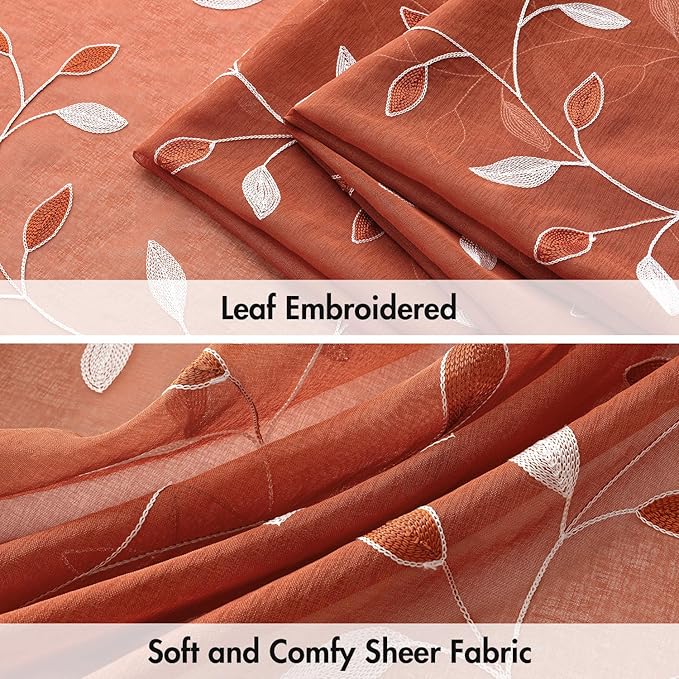 MIULEE Burnt Orange Sheer Curtains 2 Panels Embroidered Leaf Patterned Rod Pocket Floral Semi Faux Linen Short Fall Window Curtains Drapes Set for Kitchen Bathroom Cafe, 30x30 Inches Length