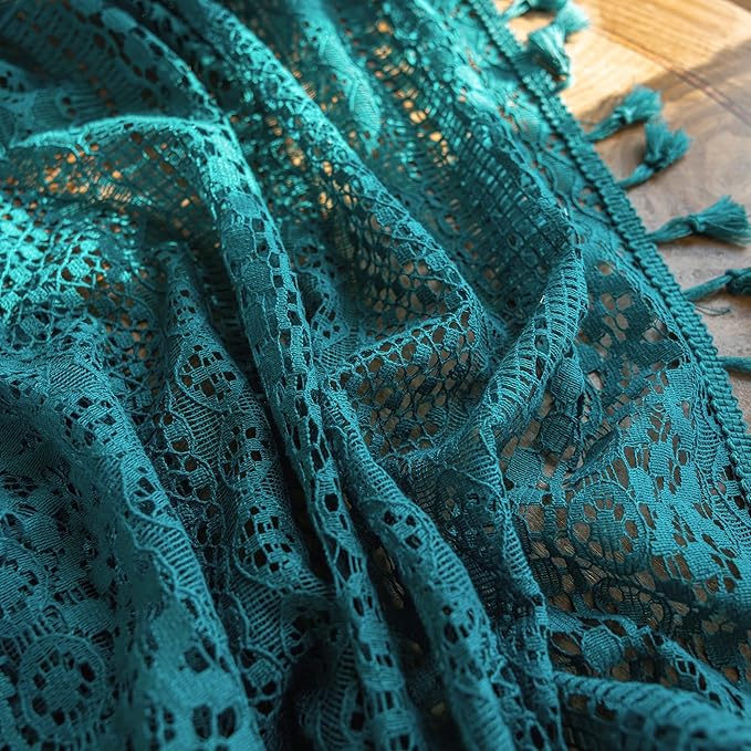 WAZZIO Boho Lace Curtains 72 Inches 2 Panel,Light Filtering Privacy Tassel & Geometry Crochet Semi Sheer Curtain Drapes for Bedroom Living Dining Room,Rod Pocket & Tassel,Coastal Style,Teal