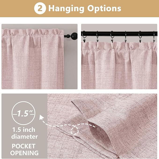 OVZME Blush Pink Valance for Windows, Light Filtering Faux Linen Textured Small Kitchen Valances for Windows, Dual Rod Pocket Farmhouse Short Curtain for Bathroom Basement, 60Wx22L inch, 1 Piece