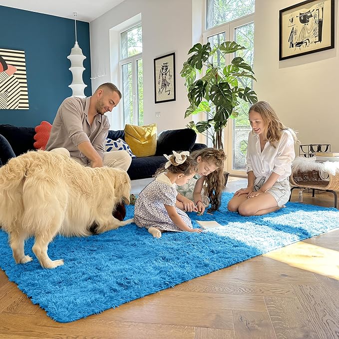 OLANLY 8x10 Machine Washable Large Area Rugs for Living Room, Bedroom, Soft Fluffy Shaggy Bedside Rug, Indoor Floor Carpet for Kids Girls and Boys, Dorms, Nursery, Home Decor Aesthetic, Bright Blue