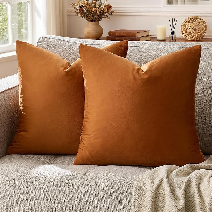 GIGIZAZA Velvet Throw Pillow Covers 24x24 Dark Burnt Orange Pillows Couch Cushion Decorative Covers Set of 2 Pillow Covers for Bedroom Living Room