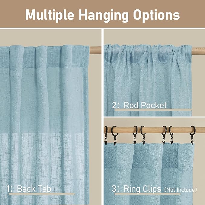 LAMIT Stone Blue Semi Sheer Window Linen Curtains 63 Inch Length, Light Filtering Panels Back Tab and Rod Pocket Country Decor Drapes for Bedroom/Living Room, 2 Panels, 34 x 63 Inch
