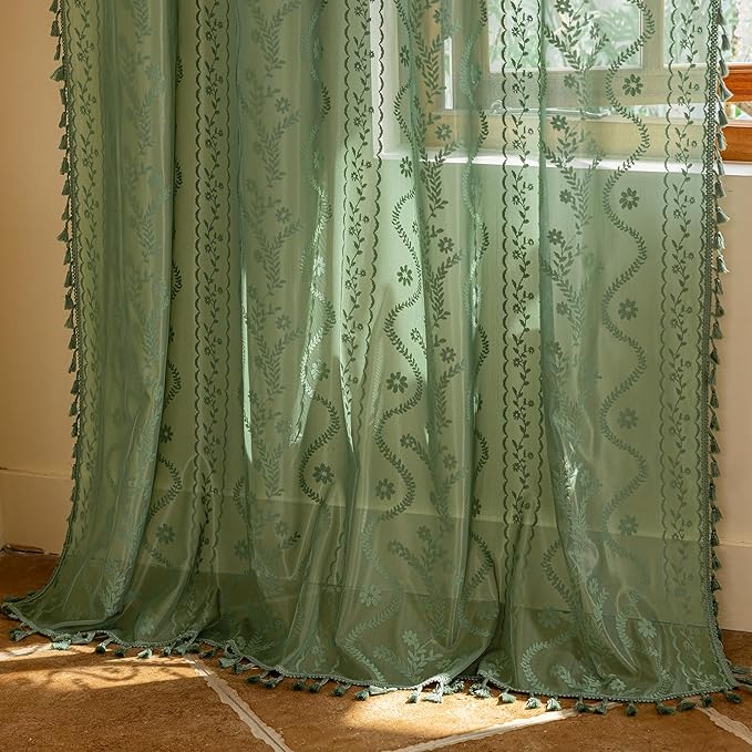 WAZZIO Boho Lace Curtains 2 Panels 63 Inches -Vintage Victorian Sheer Panel Drape French Country Floral Pattern & Tassel Light Filtering Privacy for Bedroom Dining Living Room,Dark Sage Green,W52x L63