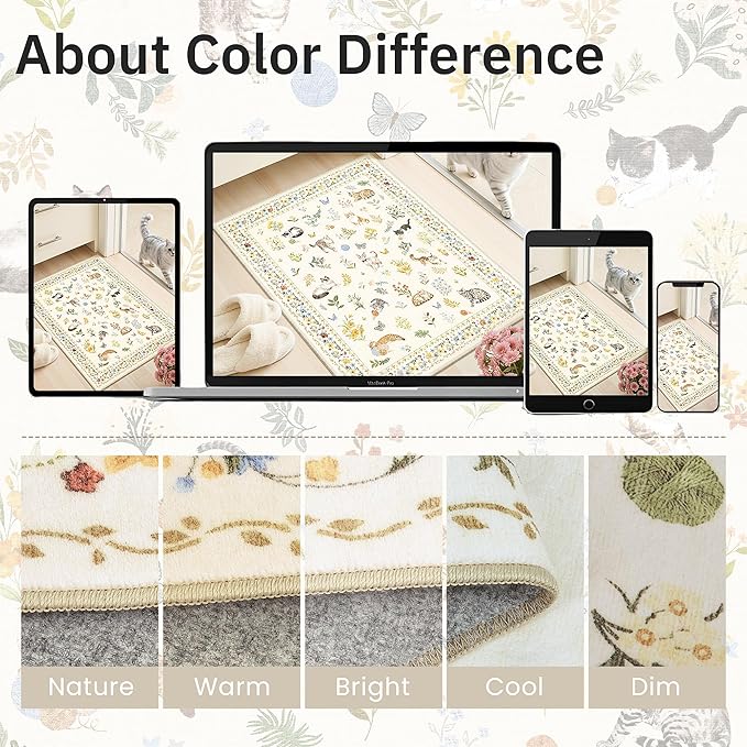 Cat 8x10 Area Rugs for Living Room, Machine Washable Animal Floral Vintage Rug Non-Slip Low Pile Soft Throw Large Rugs for Bedroom Dining Room Kitchen Nursery Playroom (8 x 10,Beige)