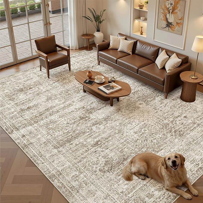 Area Rug 10x12 Vintage Washable Living Room Large Carpet Non Slip Bedroom Indoor Office Dining Room Low Pile Thin Rug Brown