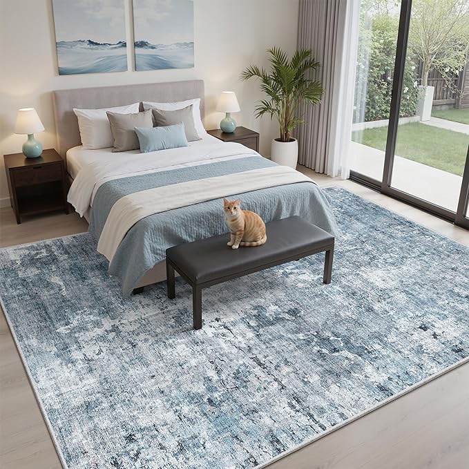 Abstract Rug 5x7 Machine Washable Area Indoor Blue Low Pile Non-Slip Foldable Thin Accent Rugs for Bedroom Living Room Dining Room