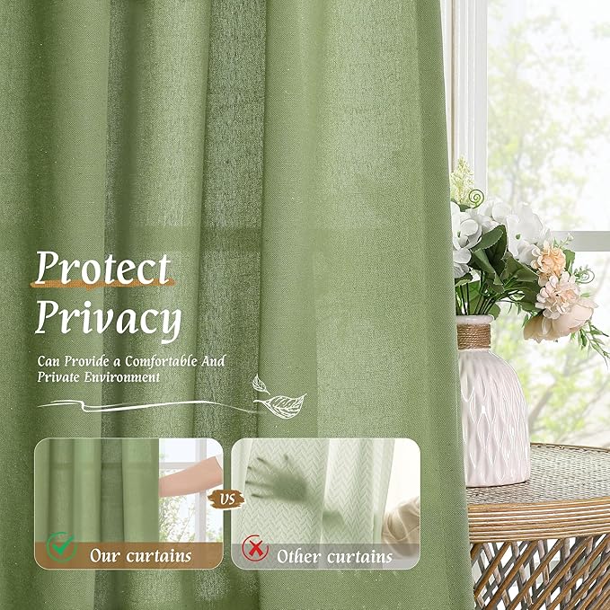 LAMIT Green Linen Curtains 63 inch Length for Bedroom, Faux Linen Light Filtering Window Treatments Neutral Rod Pocket Drapes for Living Room/Farmhouse, 2 Panels Set, 42 x 63 Inch