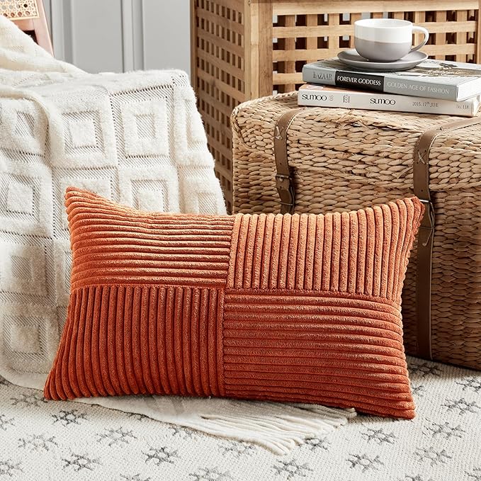 Fancy Homi Set of 2 Burnt Orange Lumbar Decorative Throw Pillow Covers 16x26 Inch for Living Room Couch Bed, Boho Farmhouse Fall Home Decor, Soft Corduroy Corss Patchwork Cushion Case 65x40 cm