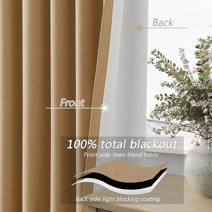Guken Camel Brown 100% Blackout Linen Curtains 90 Inch Length 2 Panels Set for Living Room Bedroom Back Tab/Rod Pocket Thermal Insulated Black Out Drapes Room Darkening Window Curtains 90 Inches Long