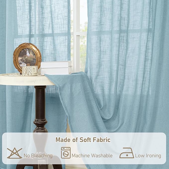 LAMIT Stone Blue Semi Sheer Window Linen Curtains 63 Inch Length, Light Filtering Panels Back Tab and Rod Pocket Country Decor Drapes for Bedroom/Living Room, 2 Panels, 34 x 63 Inch
