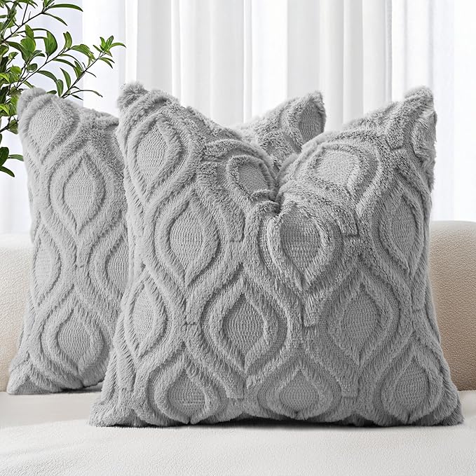 decorUhome Throw Pillow Covers 18x18 Inch Set of 2, Soft Plush Faux Wool Grey Solid Couch Pillow Covers, Accent Farmhouse Neutral Square Pillow Cases for Sofa Bed Living Room