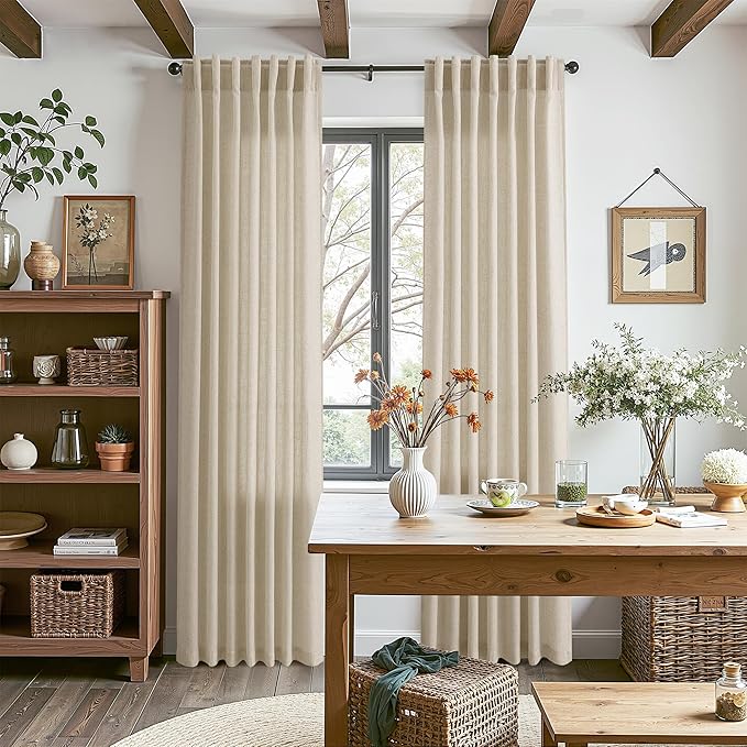 Eggshell Beige Linen Curtains for Living Room 94 Inches Long Light Filtering Semi Sheer Curtain Back Tab Rustic Farmhouse Decor Burlap Luxury Boho Drapes for Bedroom Dinner Room 52x94, 2 Panels