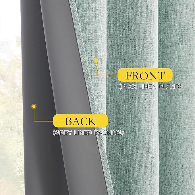 NICETOWN 100% Absolutely Blackout Linen Curtains with Thermal Insulated Liner, Seafoam Green, 62" Wide, 120" Length Energy Saving Curtains for Living Room 2 Panels Set, Vertical Blinds