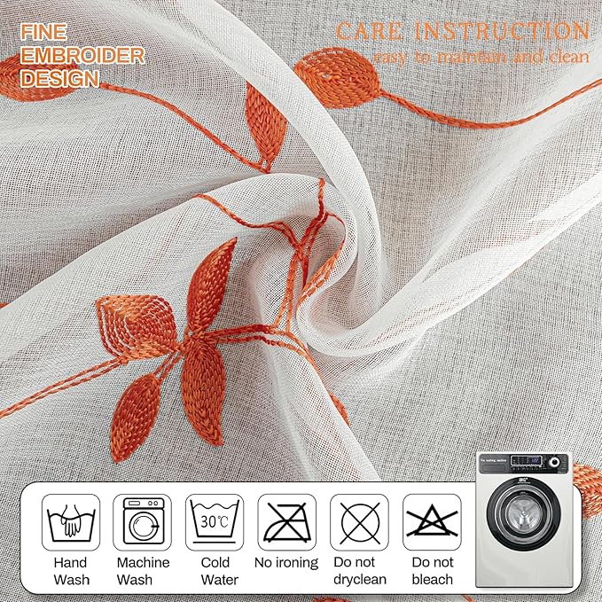 AmHoo 2 Panels Embroidered Leaf Pattern Semi Sheer Curtains Foliage Floral Voile Window Draperies Treatment for Bedroom Living Room Rod Pocket White Burnt Orange 53 x 84 Inch