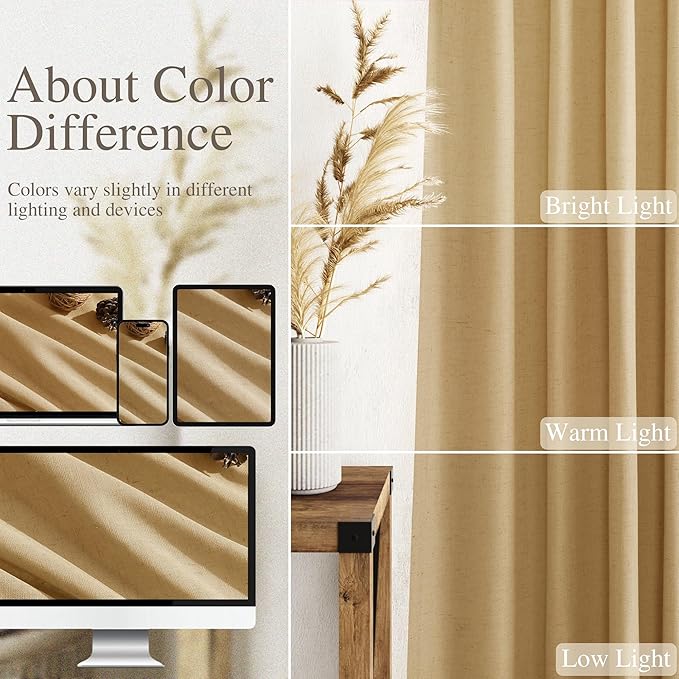 Gold Yellow Linen Curtains 102 Inches Long Rod Pocket Back Tab Drapes 2 Panels Set for Living Room Sheer Light Filtering Semi Sheer Gold Yellow Curtain 102 Length for Patio Sliding Glass Door 52x102