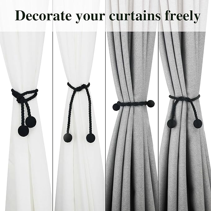Curtain Tiebacks Outdoor Elegant Decorative Tie Backs Modern Rope Tiebacks for Drapes Window Curtain Holdbacks for Draperies (Black, 2)