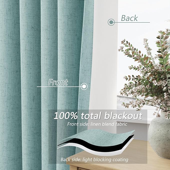 Guken 100% Blackout Linen Curtains 63 Inch Length 2 Panels Set for Living Room Bedroom Back Tab Thermal Insulated Black Out Linen Drapes Room Darkening Window Curtains,Light Blue