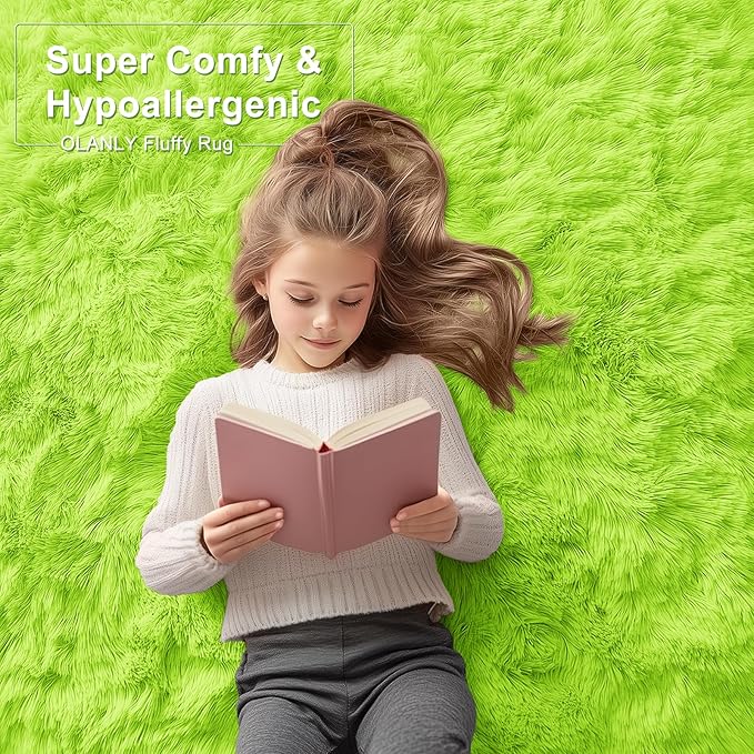 OLANLY 6x9 Machine Washable Large Area Rugs for Living Room, Bedroom, Soft Fluffy Shaggy Bedside Rug, Indoor Floor Carpet for Kids Girls and Boys, Dorms, Nursery, Home Decor Aesthetic, Lime Green