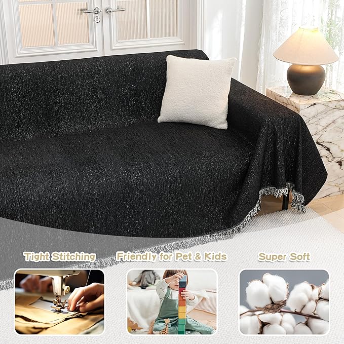 MYSKY HOME Black Couch Covers, Couch Cover 2 Cushion Sofa Pet Couch Cover for Sofa, Sectional Couch Covers L Shape Throw Sofa Cover, Soft Washable Pets Covers for 2 Cushion, 71"x118", Black