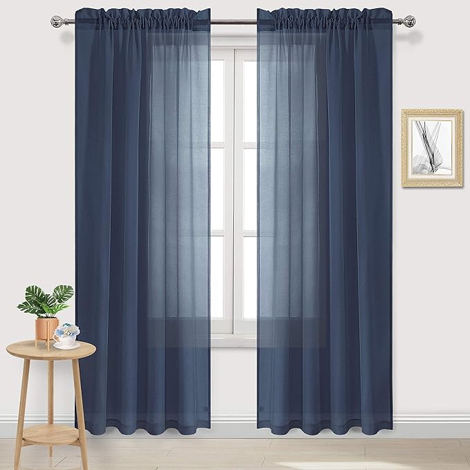 DWCN Navy Blue Sheer Curtains Semi Transparent Voile Rod Pocket Curtains for Bedroom and Living Room, 52 x 84 inches Long, Set of 2 Panels