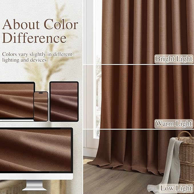 Guken 100% Blackout Curtains 96 Inch Length 2 Panels Set for Living Room Bedroom Back Tab Thermal Insulated Black Out Linen Drapes Room Darkening Window Curtains 96 Inches Long,Rustic Brown
