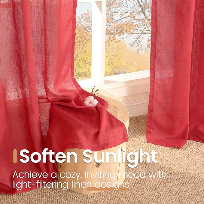 BGment Red Linen Curtains for Living Room 84 Inch Length - Semi Sheer Window Drapes Textured with Rod Pocket for Bedroom Decor Lightweight Light Filtering, 2 Panels Set, Each Panel 52 Inch Wide