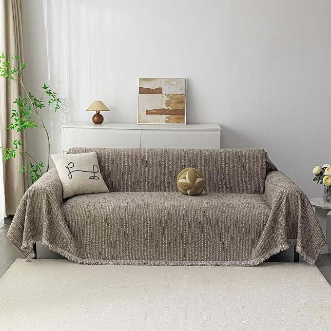 MYSKY HOME Boho Couch Cover Sand Sofa Covers with Tassel Farmhouse Sofa Slipcover Simple Couch Protector for Dogs Chenille Sectional Couch Covers L Shaped Couch Cushion Covers, 71"x 134"