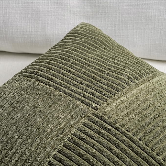 Fancy Homi 2 Packs Olive Green Lumbar Decorative Throw Pillow Covers 16x26 Inch for Living Room Couch Bed, Farmhouse Boho Home Decor, Soft Striped Corduroy Rectangle Accent Cushion Case 65x40 cm