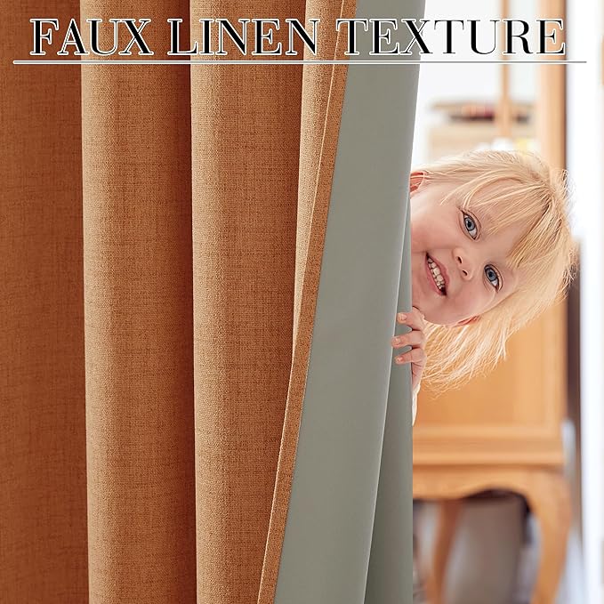 RYB HOME Burnt Orange Total Blackout Curtains Linen Texture, Fall Curtains for Bedroom/Living Room/Sliding Door, Thermal Insulated Boho Farmhouse Home Decor, Luxury Privacy Drapes, W52xL96, 2 Panels