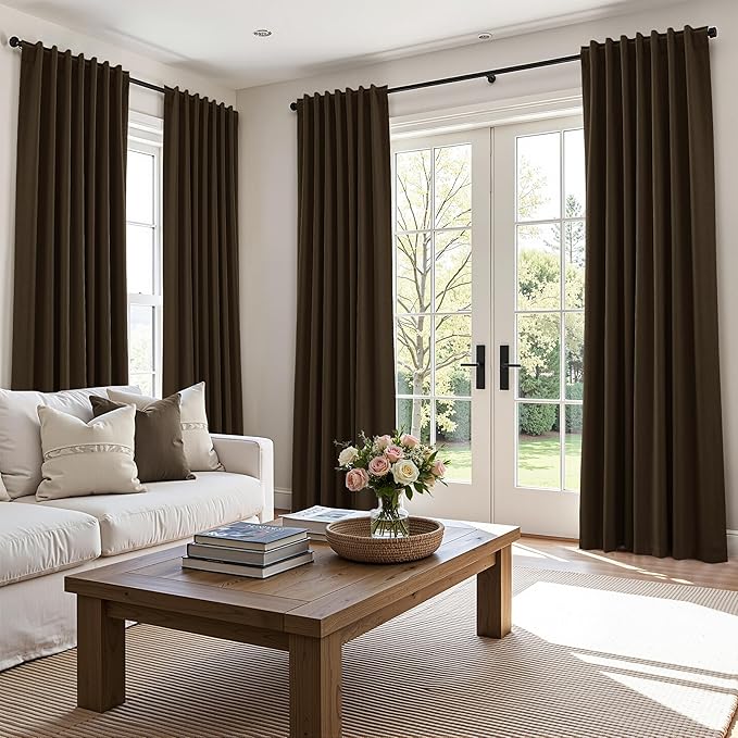 Guken 100% Blackout Curtains 90 Inch Length 2 Panels Set for Living Room Bedroom Back Tab Thermal Insulated Black Out Linen Drapes Room Darkening Chocolate,52x90