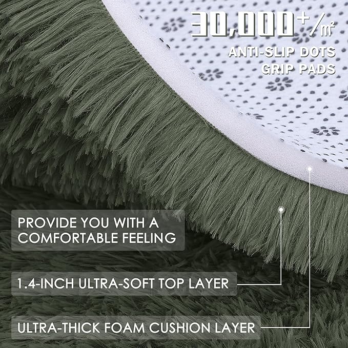 OLANLY Olive Green Round Rugs for Bedroom - Machine Washable, 8 ft Circle Area Rugs for Living Room, Soft and Fluffy Shaggy Carpet for Teen Girl and Boys, Nursery Rooms, Dorms, Home Decor Aesthetic