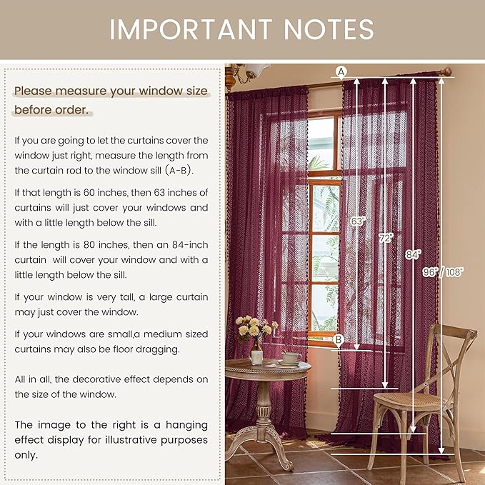 WAZZIO Boho Lace Curtains 63 Inches 2 Panel,Light Filtering Privacy Tassel & Geometry Crochet Semi Sheer Curtain Drapes for Bedroom Living Dining Room,Rod Pocket & Tassel,Burgundy Red