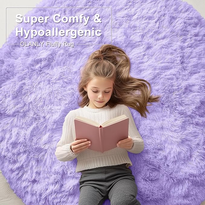 OLANLY Light Purple Round Rugs for Bedroom - Machine Washable, 2 ft Circle Area Rugs for Living Room, Soft and Fluffy Shaggy Carpet for Teen Girls and Boys, Nursery Rooms, Dorms, Home Decor Aesthetic