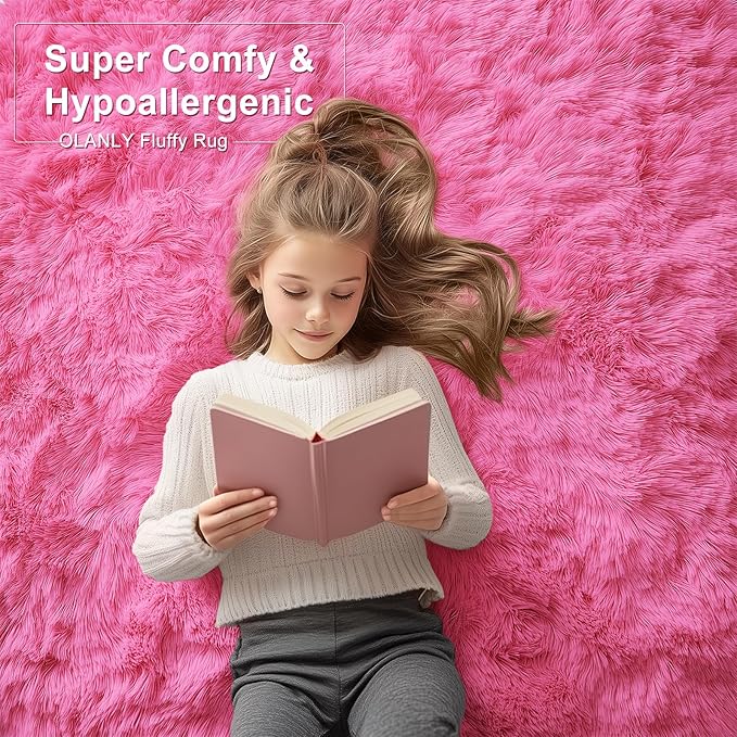 OLANLY 3x5 Machine Washable Small Bedside Rug, Soft Fluffy Shaggy Rugs for Living Room, Bedroom, Indoor Floor Carpet for Kids Girls and Boys, Preppy Dorms, Nursery, Home Decor Aesthetic, Hot Pink