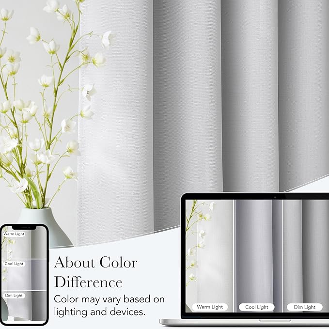 NICETOWN Greyish White Faux Linen Room Darkening Rod Pocket Curtains 63 inch Length, W42 x L63, Light Blocking Thermal Insulated Noise Reducing Drapes for Bedroom Living Room Farmhouse Decor, 2 Panels