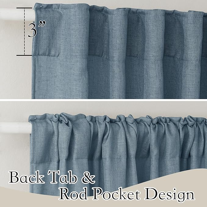 RYB HOME Linen Texture Curtains for Living Room Bathroom, Elegant Semi Sheer Drapes Light Filtering Airy Privacy Protection Vintage, 52 inch Width x 36 inch Length, Stone Blue, 2 Panels Set
