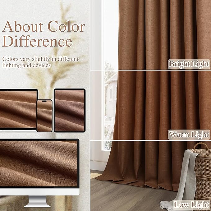 Guken Caramel Brown 100% Blackout Linen Curtains 100 Inch Length 2 Panels Set for Living Room Bedroom Back Tab/Rod Pocket Thermal Insulated Black Out Drapes Room Darkening Window Curtains