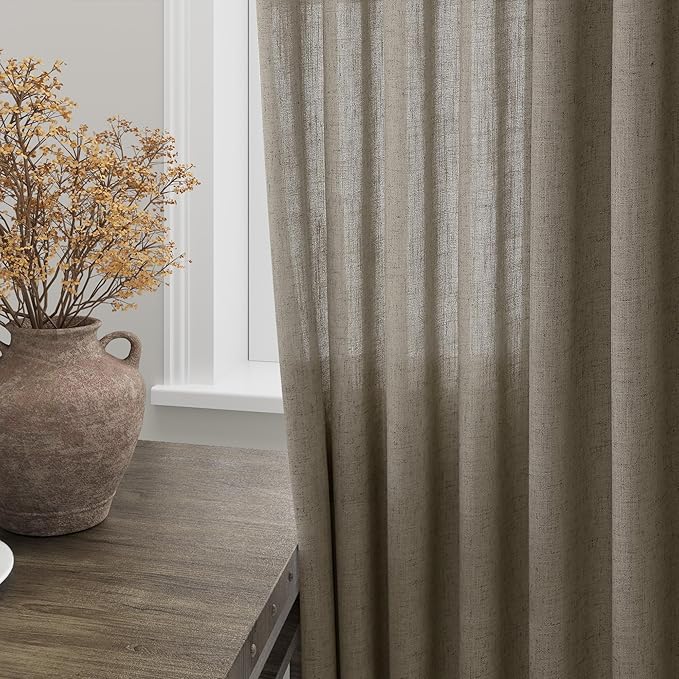 Mocha Linen Curtains 84 Inches Long for Bedroom Back Tab Light Filtering Privacy Semi Sheer Curtains Modern Farmhouse Decor Mocha Cotton Textured Curtain for Living Room 2 Panels Set 52x84 Inch