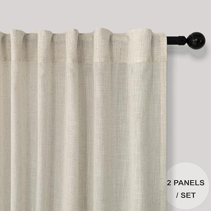 Pitalk Beige Curtains 86 Inches Long for Living Room 2 Panel Set Back Tab Light Filtering Privacy Semi Sheer Flax Linen Pleat Curtains Rustic Farmhouse Boho Decor Cotton Textured Gauze Drapes 52 x 86