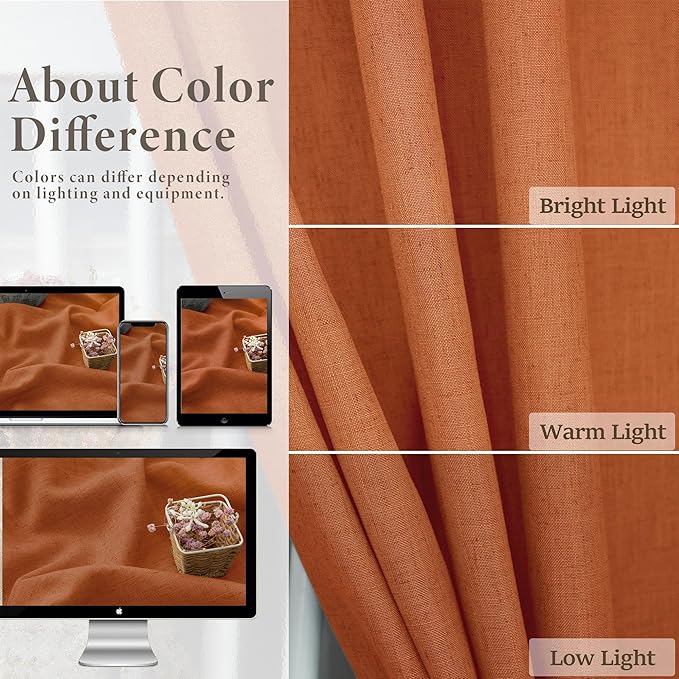 Pitalk Burnt Orange Curtains 84 Inch Length for Living Room 2 Panels Back Tab Pocket Flax Linen Blend Drapes Light Filtering Semi Sheer Boho Curtain for Bedroom Bohemian Farmhouse Rust Copper Brown