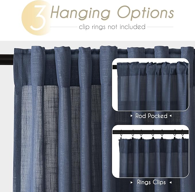 Navy Blue Curtains 102 inch Length for Bedroom Back Tab Light Filtering Semi Sheer Blue Living Room Curtains Linen Cotton Textured Indigo Blue Drapery Panel Modern Aesthetic Decor 42" Wx102" L