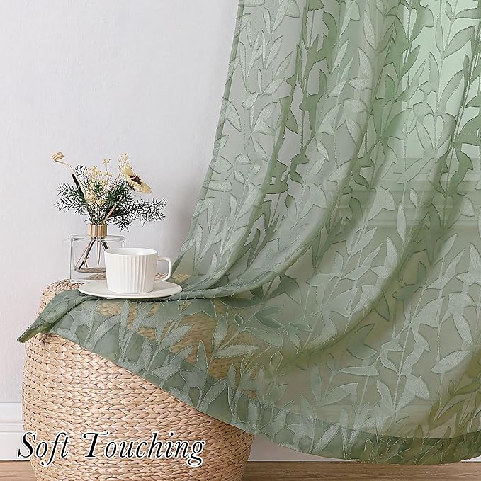 Lecloud Leia Living Room Sheer Curtains 84 Inches Long 2 Panels, Sage Green Leaves Jacquard Clip Voile Curtains with Dual Rod Pocket, Farmhouse Gauzy Curtain Drapes for Bedroom French Door, 38x84 Inch