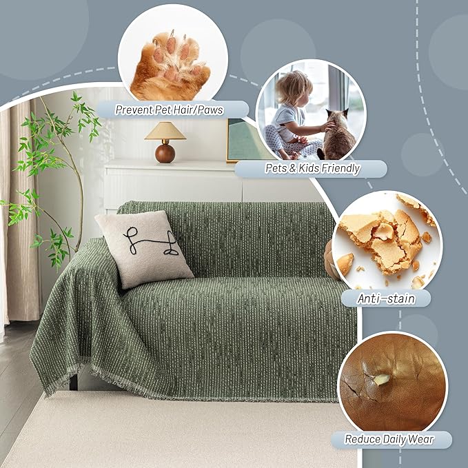 MYSKY HOME Couch Covers for 2 Cushion Couch Sectional Sofa, L Shape Sofa Protector Moss Green Chenille Couch Cover, Sofa Covers Washable Blanket with Tassel Pet Couch Cushion Cover, 71"X102"