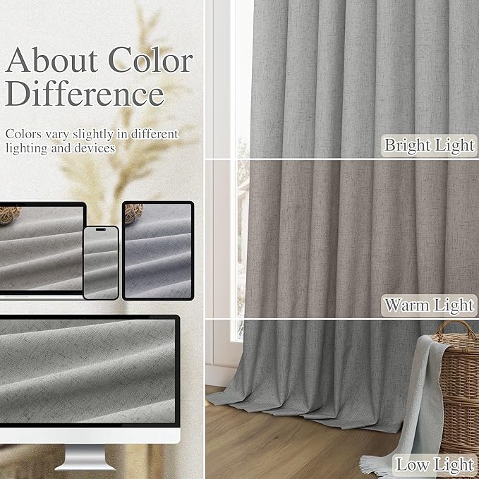 Guken Dark Grey 100% Blackout Linen Curtains 96 Inch Length 2 Panels Set for Living Room Bedroom Back Tab Rod Pocket Thermal Insulated Black Out Drapes Room Darkening Farmhouse Window Curtains,52x96