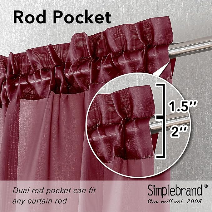 Simplebrand Red Short Sheer Curtains 45 Inch Length for Small Windows, Rod Pocket 2 Panels Set Solid Voile Drapes Window Sheer Curtains for Bedroom Bathroom Kids Room Kitchen, 42x45 Inch, Burgundy