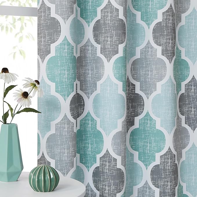 Beauoop 100% Blackout Curtains 96 Inches Long 2 Panels for Bedroom Living Room Aqua Grey Moroccan Geo Room Darkening Thermal Insulated Soundproof Grommet Top Window Treatments Drapes, 50x96 Set of 2