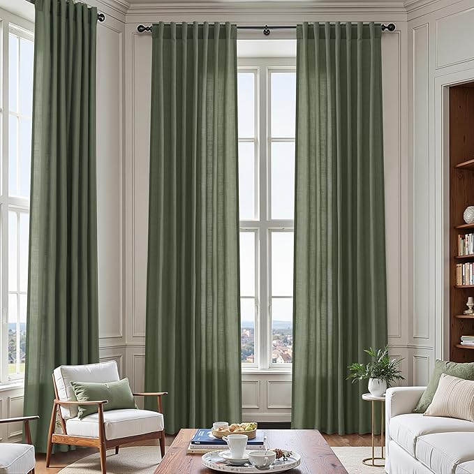 Olive Green Linen Sheer Curtains 63 Inch Length 2 Panel Set Back Tab Rod Pocket Semi Sheer Light Filtering Breathability Country Style for Narrow Window Drapes for Bedroom Living Room 40x63